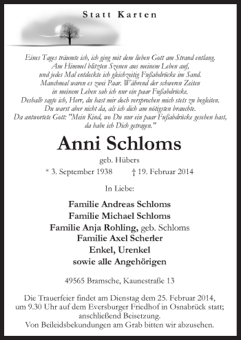 Traueranzeige von Anni Schloms von Neue Osnabrücker Zeitung GmbH & Co. KG