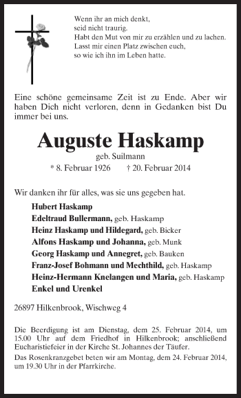 Traueranzeige von Auguste Haskamp von Neue Osnabrücker Zeitung GmbH & Co. KG