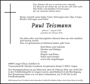 Traueranzeige von Paul Teismann von Neue Osnabrücker Zeitung GmbH & Co. KG