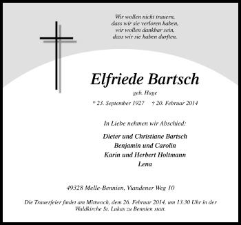 Traueranzeige von Elfriede Bartsch von Neue Osnabrücker Zeitung GmbH & Co. KG