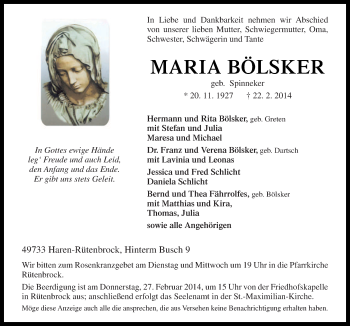 Traueranzeige von Maria Bölsker von Neue Osnabrücker Zeitung GmbH & Co. KG