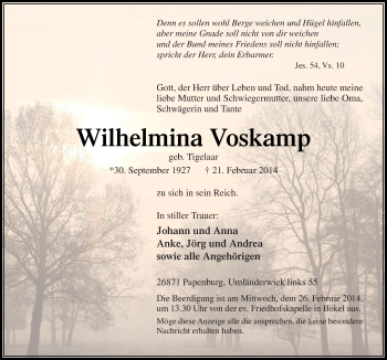 Traueranzeige von Wilhelmina Voskamp von Neue Osnabrücker Zeitung GmbH & Co. KG