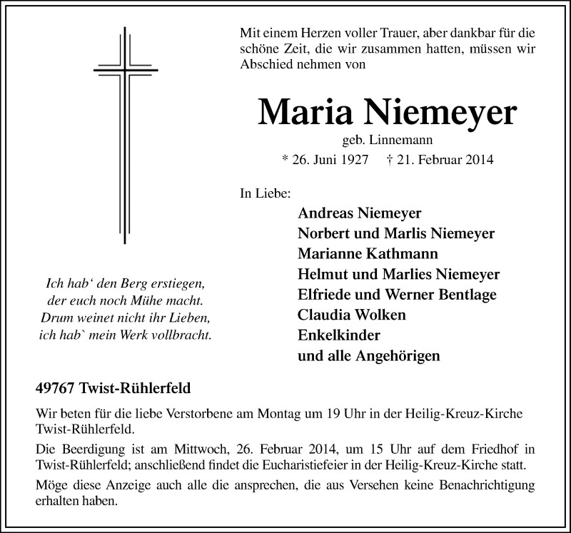  Traueranzeige für Maria Niemeyer vom 24.02.2014 aus Neue Osnabrücker Zeitung GmbH & Co. KG