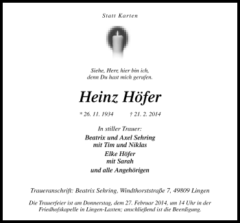 Traueranzeige von Heinz Höfer von Neue Osnabrücker Zeitung GmbH & Co. KG