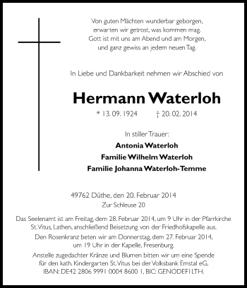 Traueranzeige von Hermann Waterloh von Neue Osnabrücker Zeitung GmbH & Co. KG