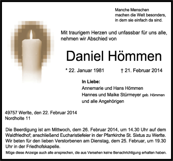 Traueranzeige von Daniel Hömmen von Neue Osnabrücker Zeitung GmbH & Co. KG