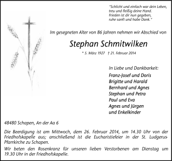Traueranzeige von Stephan Schmitwilken von Neue Osnabrücker Zeitung GmbH & Co. KG