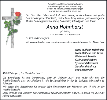 Traueranzeige von Anna Hohnhorst von Neue Osnabrücker Zeitung GmbH & Co. KG