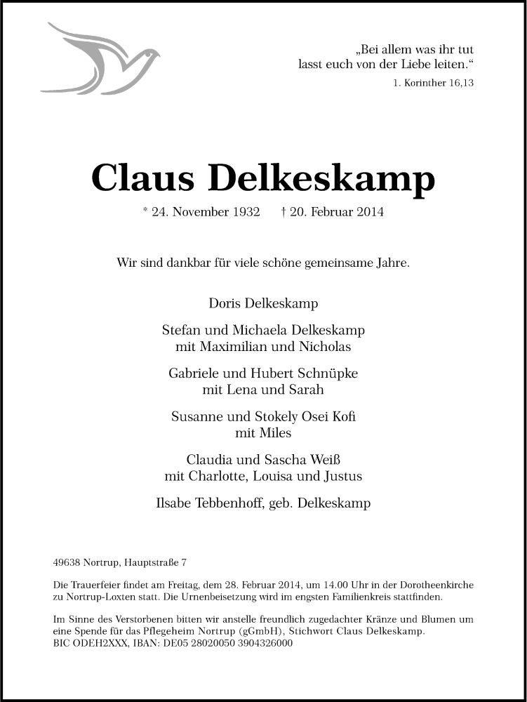 Traueranzeige für Claus Delkeskamp vom 24.02.2014 aus Neue Osnabrücker Zeitung GmbH & Co. KG