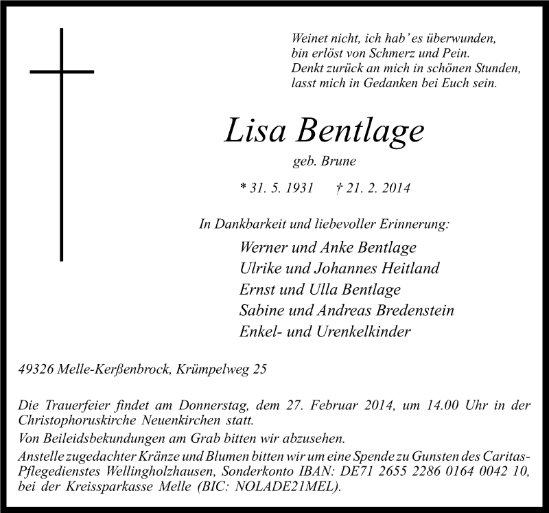  Traueranzeige für Lisa Bentlage vom 24.02.2014 aus Neue Osnabrücker Zeitung GmbH & Co. KG