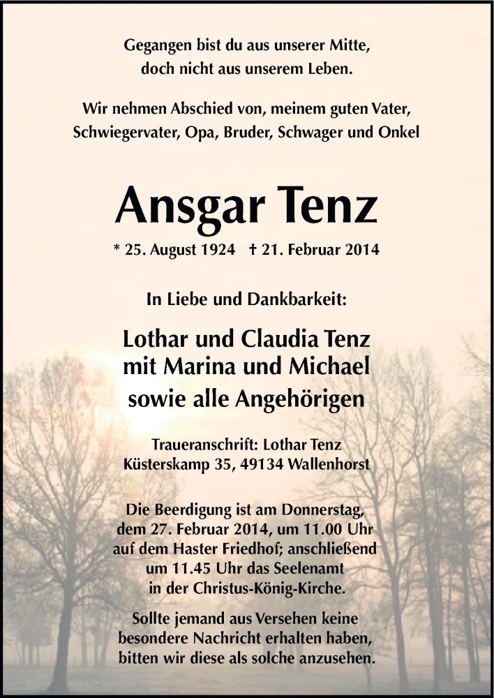  Traueranzeige für Ansgar Tenz vom 24.02.2014 aus Neue Osnabrücker Zeitung GmbH & Co. KG