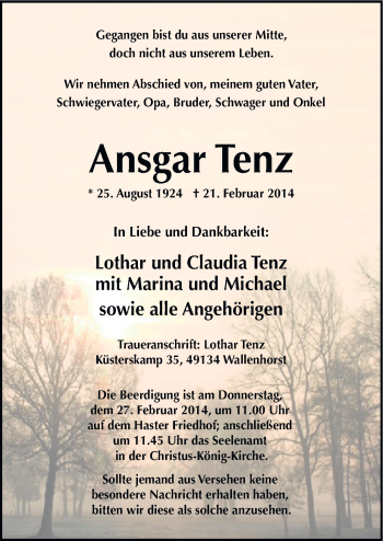 Traueranzeige von Ansgar Tenz von Neue Osnabrücker Zeitung GmbH & Co. KG