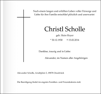 Traueranzeige von Christi Scholle von Neue Osnabrücker Zeitung GmbH & Co. KG