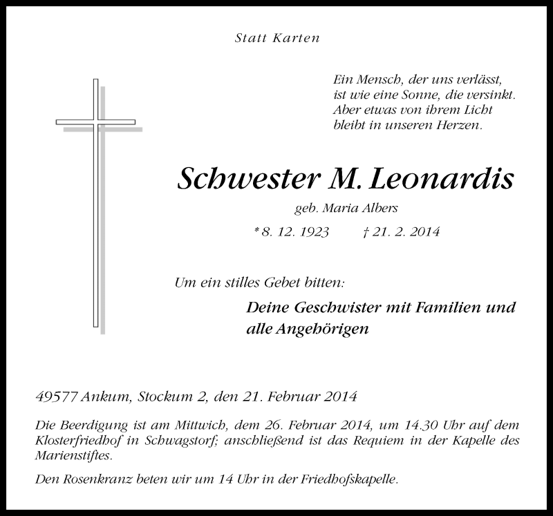  Traueranzeige für Maria Albers vom 24.02.2014 aus Neue Osnabrücker Zeitung GmbH & Co. KG