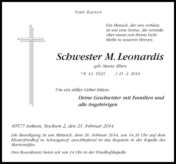 Traueranzeige von Maria Albers von Neue Osnabrücker Zeitung GmbH & Co. KG