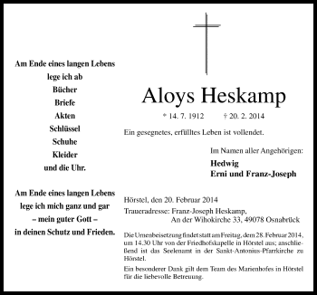 Traueranzeige von Aloys Heskamp von Neue Osnabrücker Zeitung GmbH & Co. KG