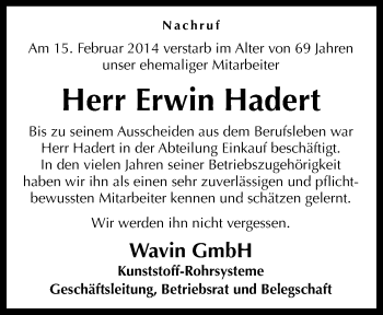 Traueranzeige von Erwin Hadert von Neue Osnabrücker Zeitung GmbH & Co. KG