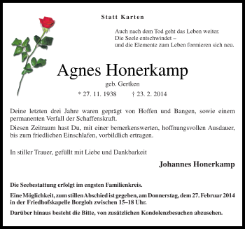 Traueranzeige von Agnes Honerkamp von Neue Osnabrücker Zeitung GmbH & Co. KG