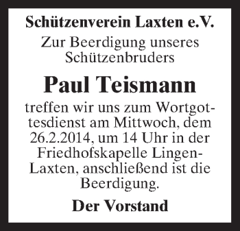 Traueranzeige von Paul Teismann von Neue Osnabrücker Zeitung GmbH & Co. KG