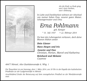 Traueranzeige von Erna Pohlmann von Neue Osnabrücker Zeitung GmbH & Co. KG