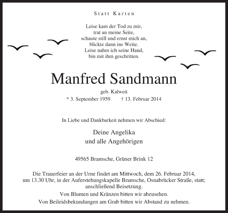  Traueranzeige für Manfred Sandmann vom 25.02.2014 aus Neue Osnabrücker Zeitung GmbH & Co. KG