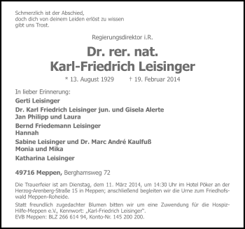 Traueranzeige von Karl-Friedrich Leisinger von Neue Osnabrücker Zeitung GmbH & Co. KG