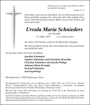 Traueranzeige von Ursula Maria Schnieders von Neue Osnabrücker Zeitung GmbH & Co. KG