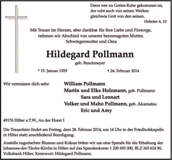 Traueranzeige von Hildegard Pollrnann von Neue Osnabrücker Zeitung GmbH & Co. KG