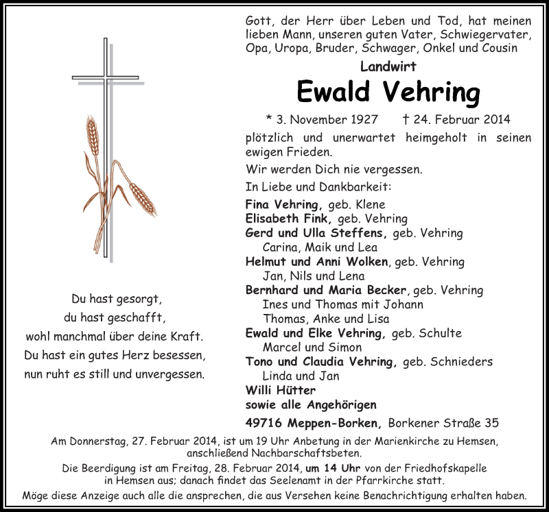  Traueranzeige für Ewald Vehring vom 26.02.2014 aus Neue Osnabrücker Zeitung GmbH & Co. KG