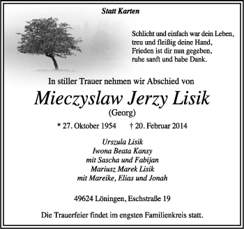 Traueranzeige von Mteczyslaw Jerzy Lisik von Neue Osnabrücker Zeitung GmbH & Co. KG