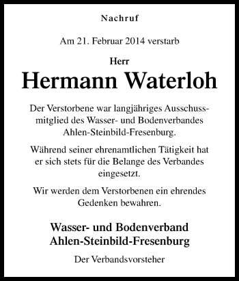 Traueranzeige von Hermann Waterloh von Neue Osnabrücker Zeitung GmbH & Co. KG