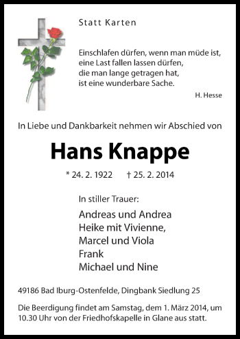 Traueranzeige von Hans Knappe von Neue Osnabrücker Zeitung GmbH & Co. KG