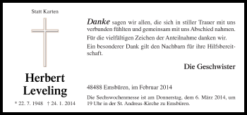Traueranzeige von Herbert Leveling von Neue Osnabrücker Zeitung GmbH & Co. KG