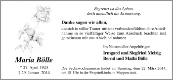 Traueranzeige von Maria Bölle von Neue Osnabrücker Zeitung GmbH & Co. KG