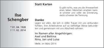 Traueranzeige von Ilse Schengber von Neue Osnabrücker Zeitung GmbH & Co. KG
