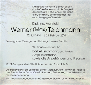 Traueranzeige von Werner Teichmann von Neue Osnabrücker Zeitung GmbH & Co. KG