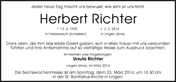 Traueranzeige von Herbert Richter von Neue Osnabrücker Zeitung GmbH & Co. KG