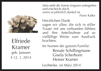 Traueranzeige von Elfriede Kramer von Neue Osnabrücker Zeitung GmbH & Co. KG