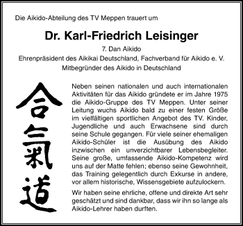Traueranzeige von Karl-Friedrich Leisinger von Neue Osnabrücker Zeitung GmbH & Co. KG