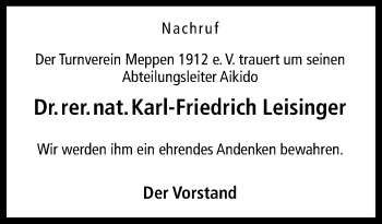 Traueranzeige von Karl-Friedrich Leisinger von Neue Osnabrücker Zeitung GmbH & Co. KG