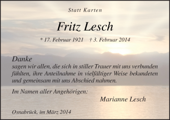 Traueranzeige von Fritz Lesch von Neue Osnabrücker Zeitung GmbH & Co. KG