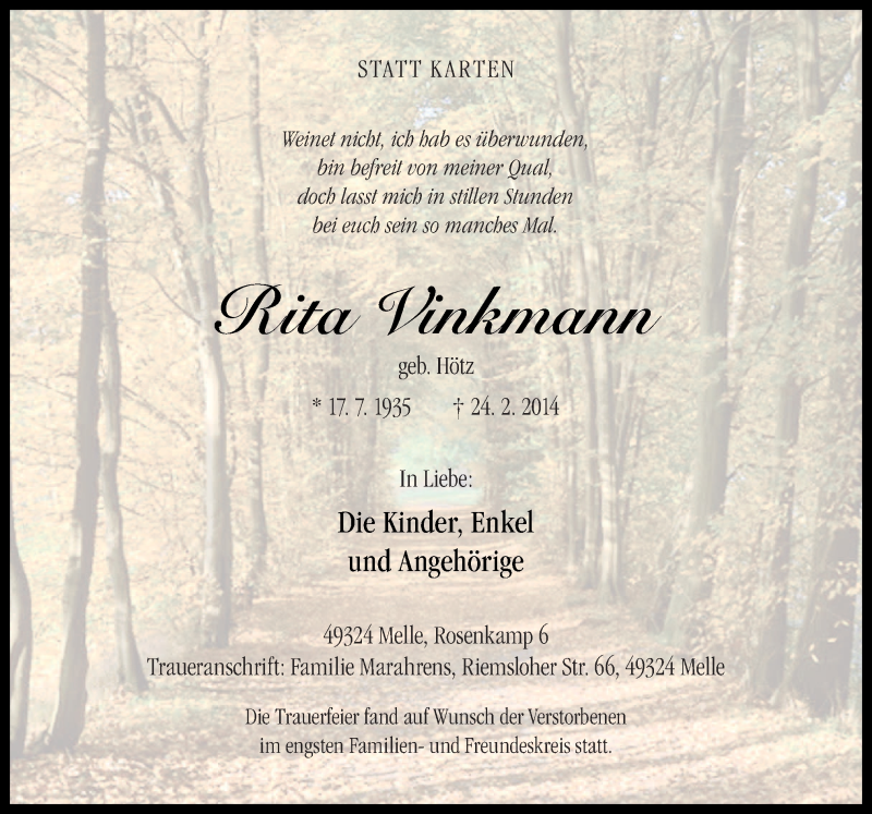 Traueranzeige für Rita Vinkmann vom 01.03.2014 aus Neue Osnabrücker Zeitung GmbH & Co. KG