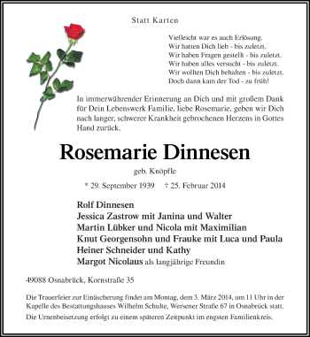 Traueranzeige von Rosemarie Dinnesen von Neue Osnabrücker Zeitung GmbH & Co. KG