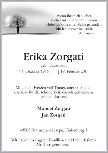 Traueranzeige von Erika Zorgati von Neue Osnabrücker Zeitung GmbH & Co. KG