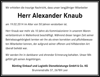 Traueranzeige von Alexander Knaub von Neue Osnabrücker Zeitung GmbH & Co. KG