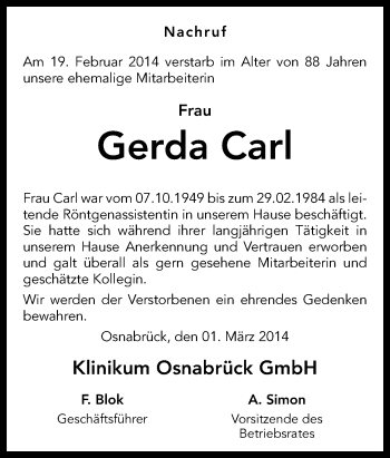 Traueranzeige von Gerda Carl von Neue Osnabrücker Zeitung GmbH & Co. KG