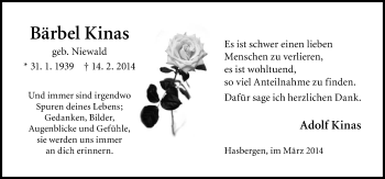 Traueranzeige von Bärbel Kinas von Neue Osnabrücker Zeitung GmbH & Co. KG