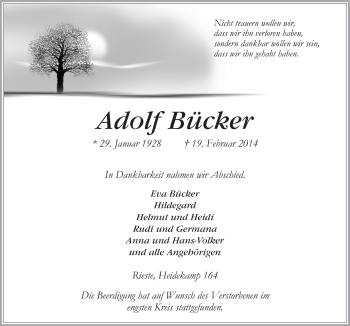 Traueranzeige von Adolf Bücker von Neue Osnabrücker Zeitung GmbH & Co. KG