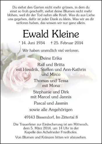 Traueranzeige von Ewald Kleine von Neue Osnabrücker Zeitung GmbH & Co. KG