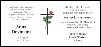 Traueranzeige von Anna Deymann von Neue Osnabrücker Zeitung GmbH & Co. KG